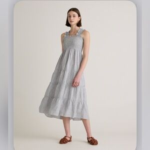 Quince 100% European Linen Smocked Midi Dress - blue pinstripe small